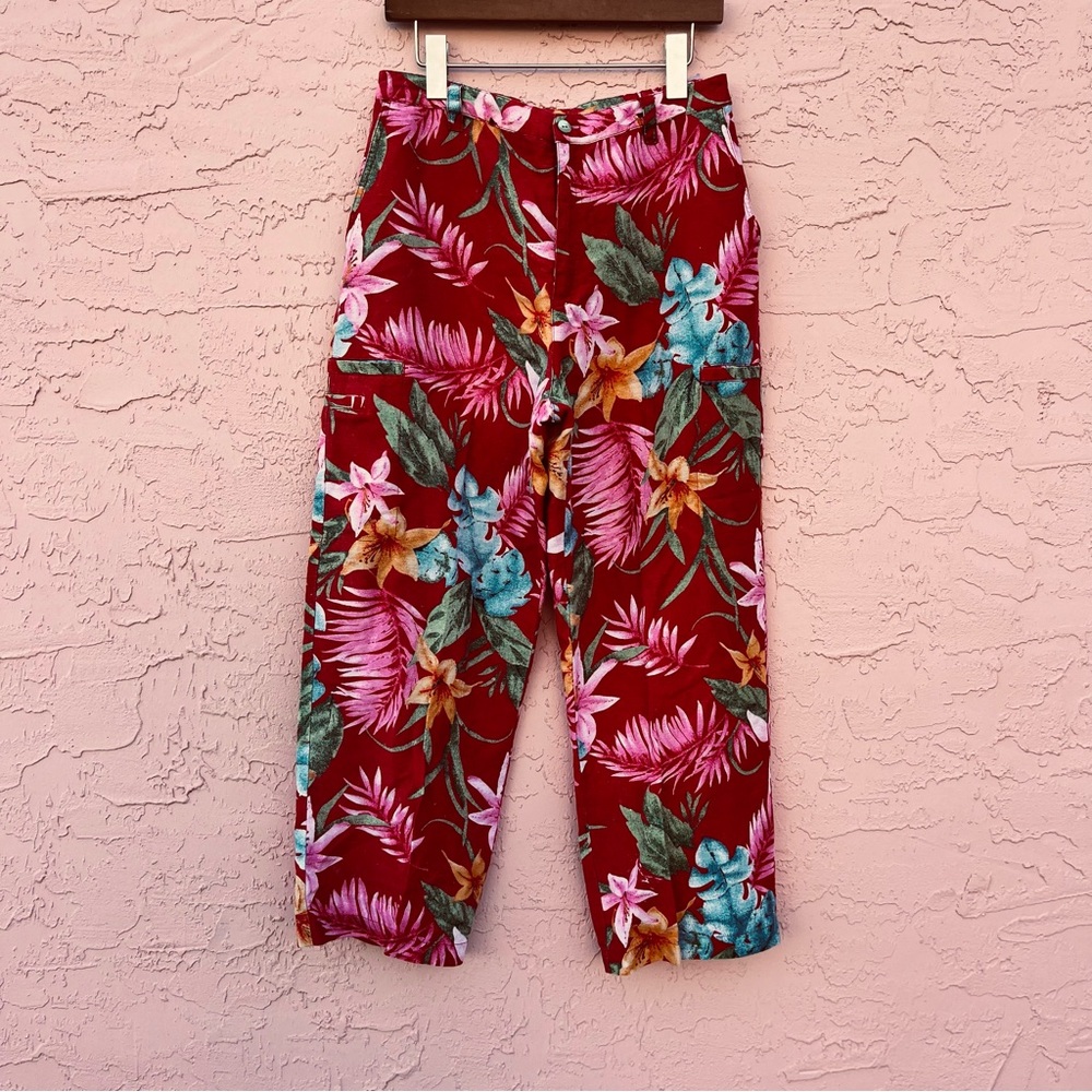 Chico’s Design Hawaiian Print Linen Blend Cargo Pants Cropped Capri